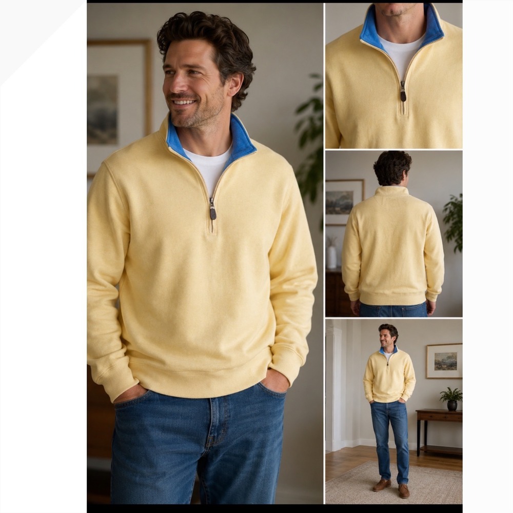 Orvis Mens 100% Cotton Quarter Zip Pullover Sweatshirt Yellow Blue RN 70534 - Picture 1 of 8